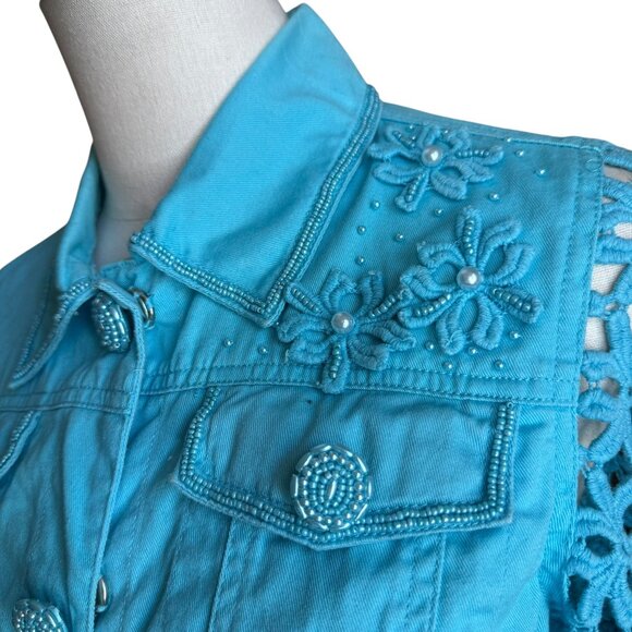 Just B Turquoise Eyelet Embroidered Jacket Size S | Floral Lace Sleeves & Beaded - Picture 2 of 10